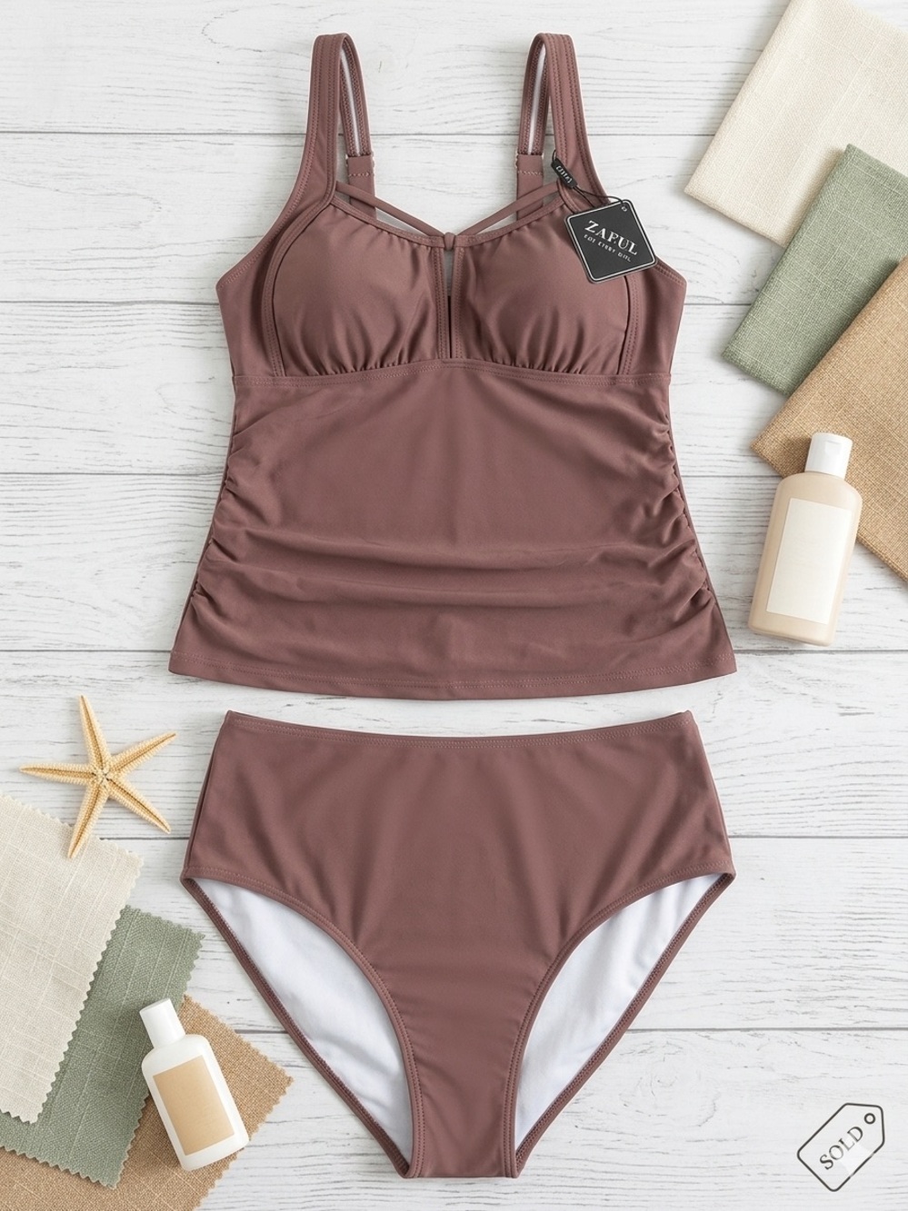 Zaful BrownTankini Set - Brown Two-Piece Swimwear
